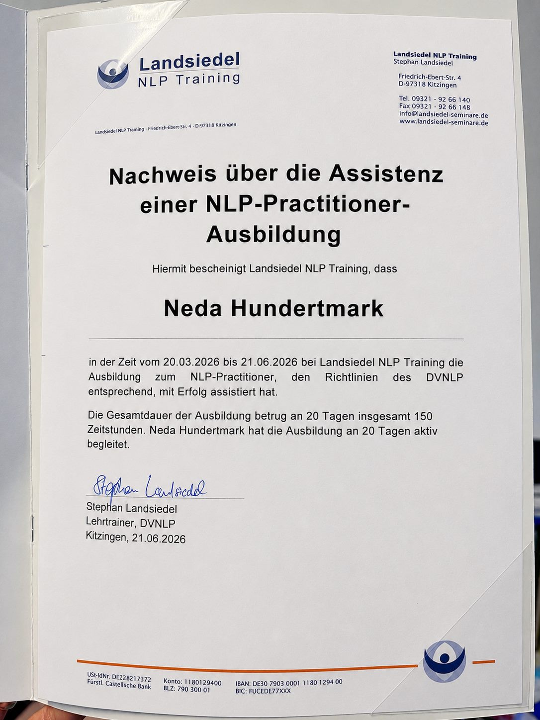 Удостоверение за асистиране при обучение за НЛП Практик като ко-треньор в Landsiedel NLP Training, издадено на Неда Хундертмарк