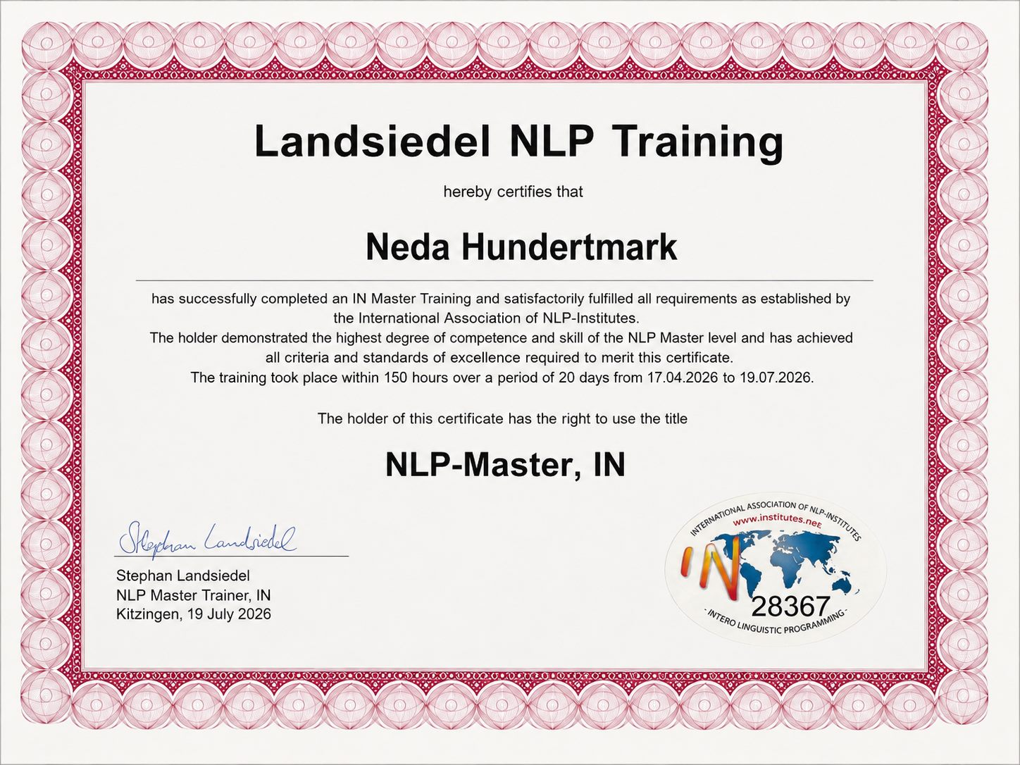 Сертификат НЛП Мастер от Landsiedel NLP Training, издаден на Неда Хундертмарк